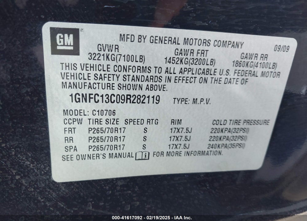 2009 CHEVROLET TAHOE LS VIN: 1GNFC13C09R282119