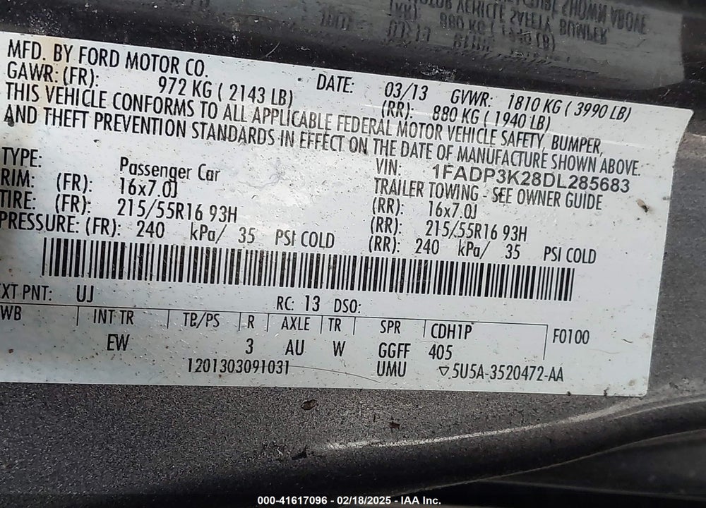 2013 FORD FOCUS SE VIN: 1FADP3K28DL285683