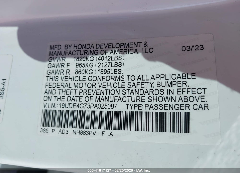 2023 ACURA INTEGRA VIN: 19UDE4G73PA025087