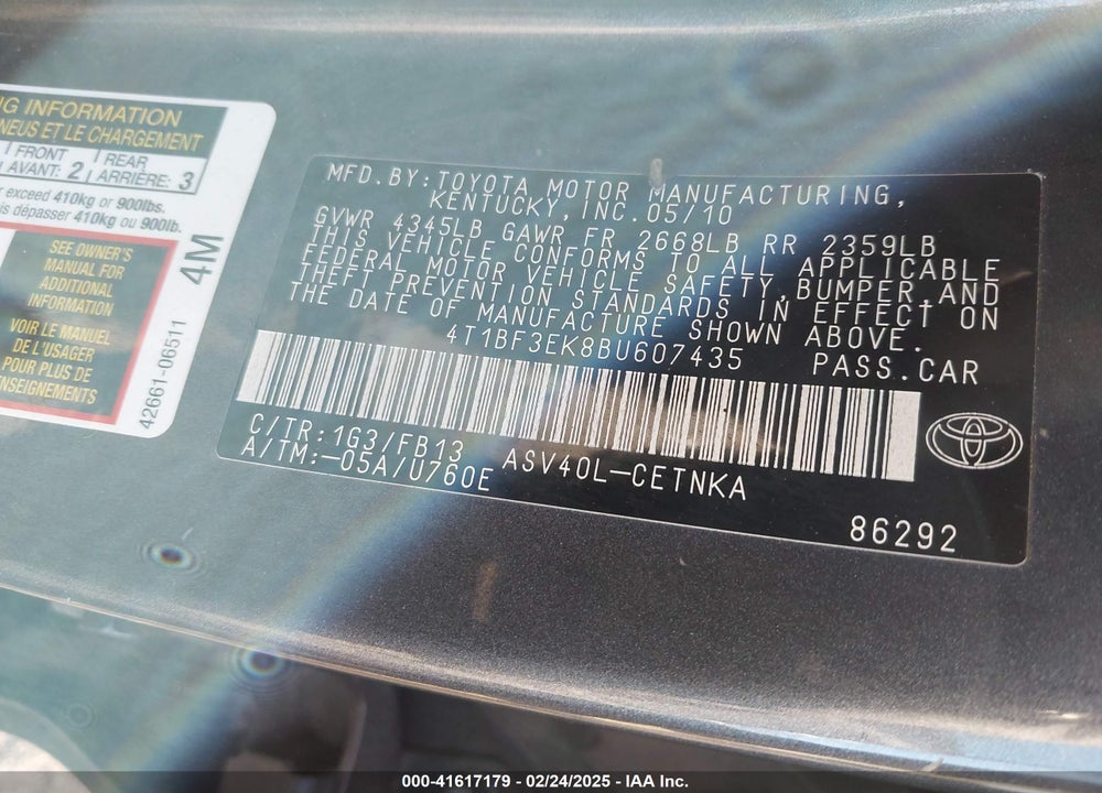 2011 TOYOTA CAMRY SE/LE/XLE VIN: 4T1BF3EK8BU607435