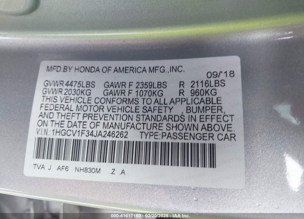 2018 HONDA ACCORD VIN: 1HGCV1F34JA246262