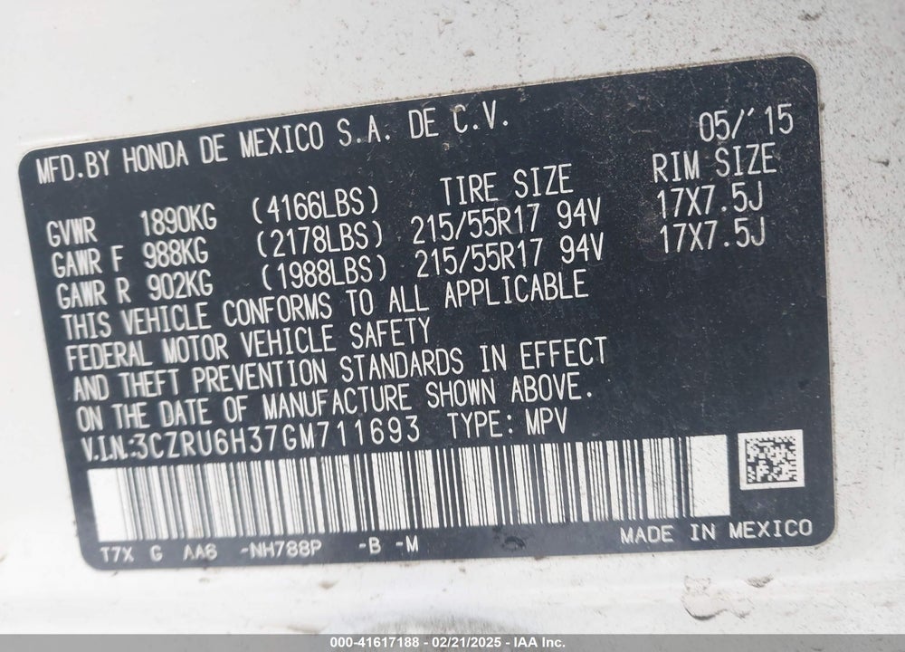 2016 HONDA HR-V LX VIN: 3CZRU6H37GM711693