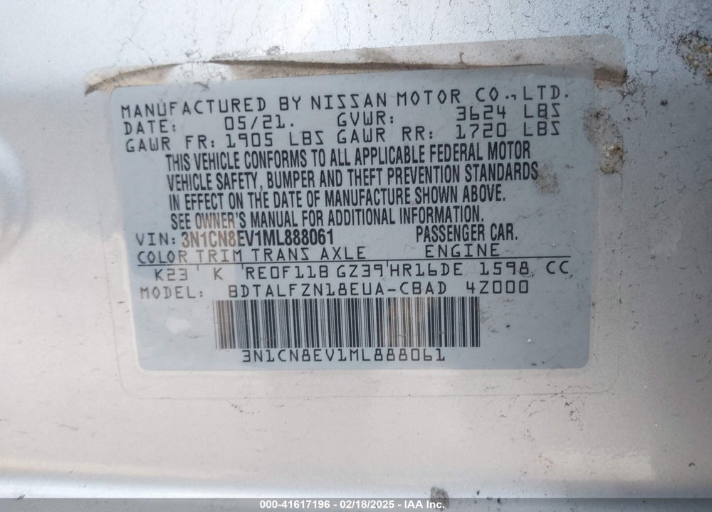 2021 NISSAN VERSA VIN: 3N1CN8EV1ML888061