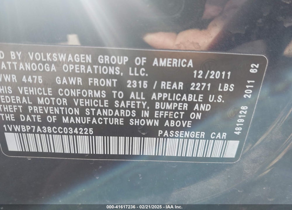 2012 VOLKSWAGEN PASSAT 2.5L SE VIN: 1VWBP7A38CC034225