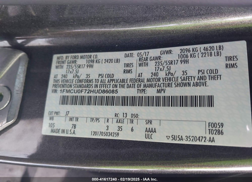 2017 FORD ESCAPE VIN: 1FMCU0F72HUD86085