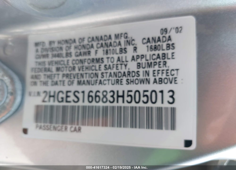 2003 HONDA CIVIC LX VIN: 2HGES16683H505013