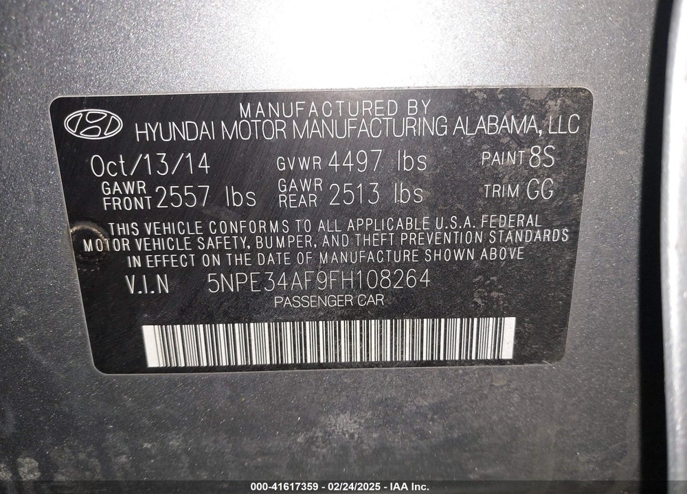 2015 HYUNDAI SONATA VIN: 5NPE34AF9FH108264