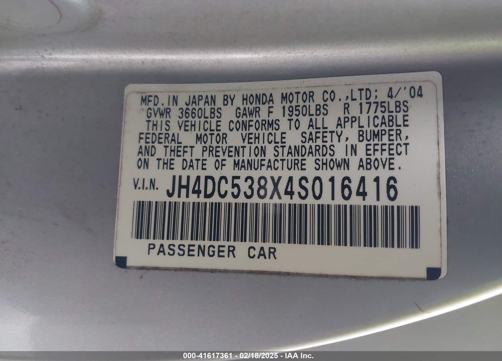 2004 ACURA RSX VIN: JH4DC538X4S016416