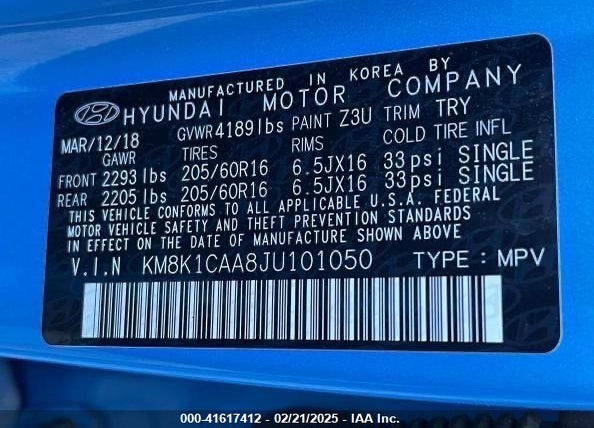 2018 HYUNDAI KONA SE VIN: KM8K1CAA8JU101050