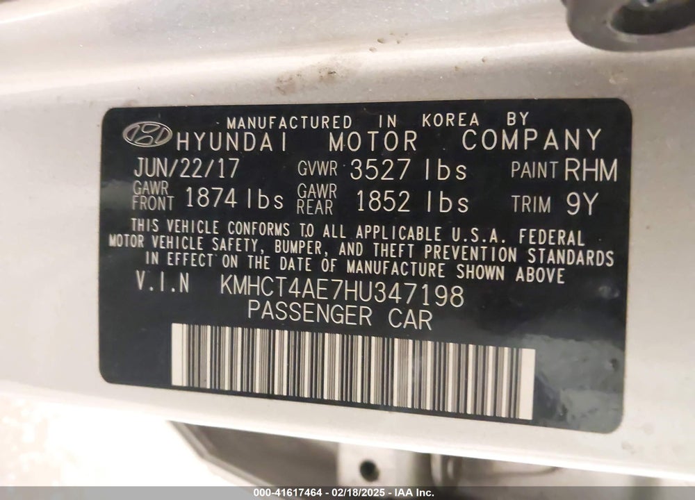 2017 HYUNDAI ACCENT VIN: KMHCT4AE7HU347198