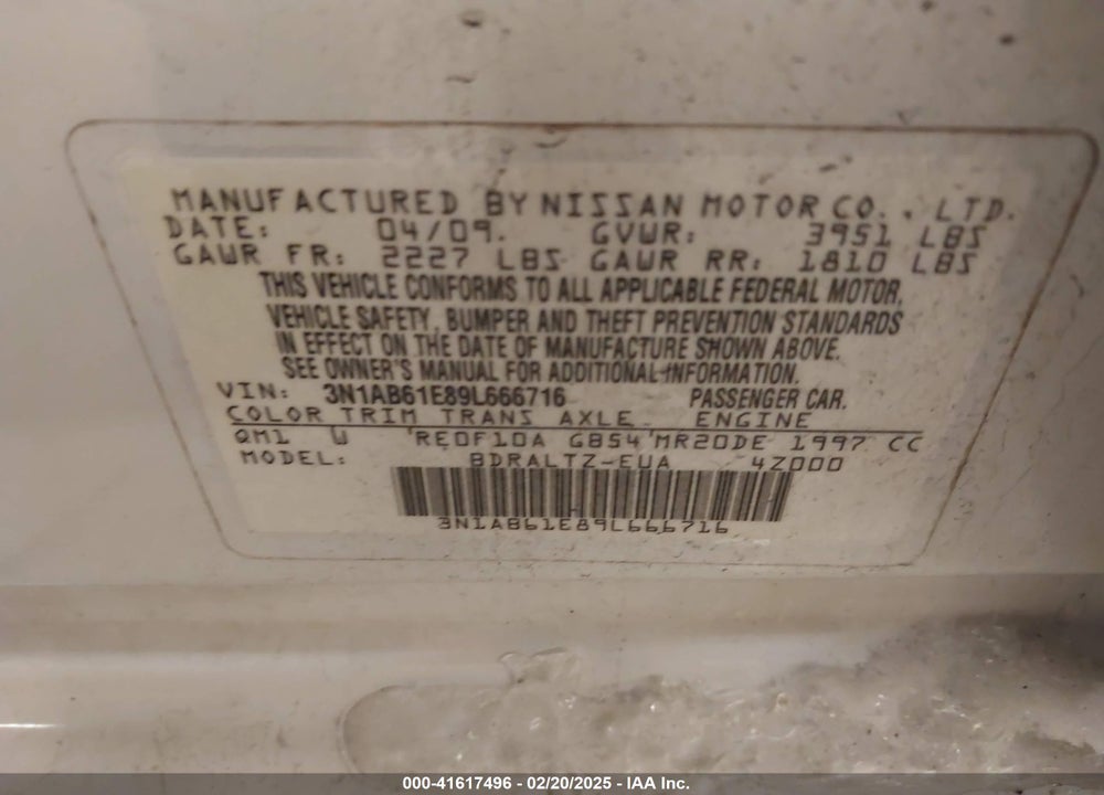 2009 NISSAN SENTRA VIN: 3N1AB61E89L666716
