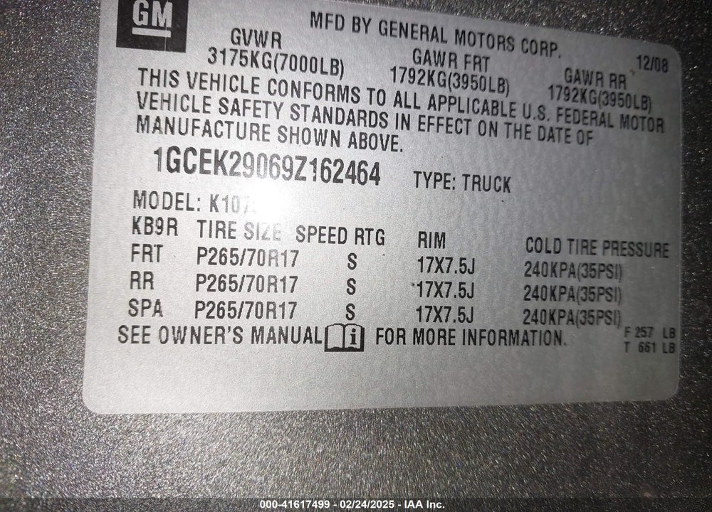 2009 CHEVROLET SILVERADO VIN: 1GCEK29069Z162464
