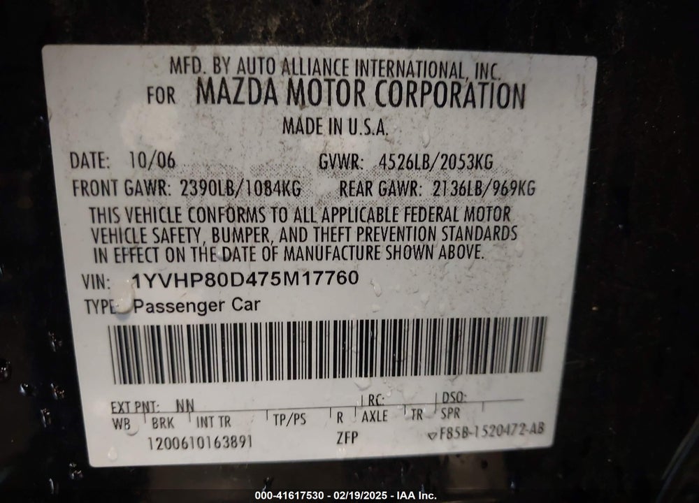 2007 MAZDA 6 S SPORT VE VIN: 1YVHP80D475M17760