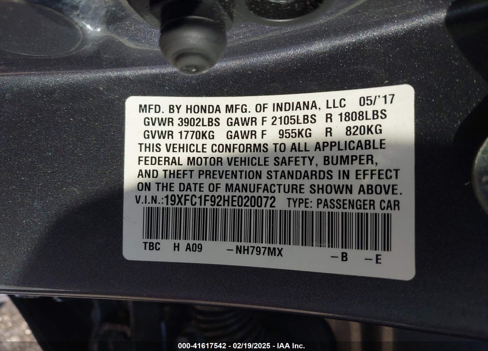 2017 HONDA CIVIC VIN: 19XFC1F92HE020072