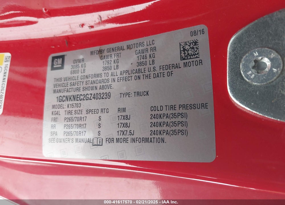 2016 CHEVROLET SILVERADO VIN: 1GCNKNEC2GZ403239