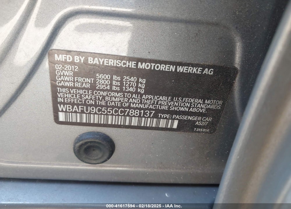 2012 BMW 550I VIN: WBAFU9C55CC788137