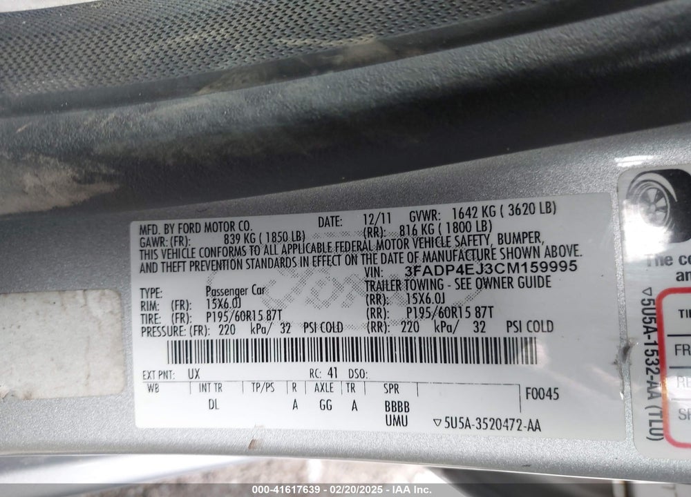 2012 FORD FIESTA VIN: 3FADP4EJ3CM159995