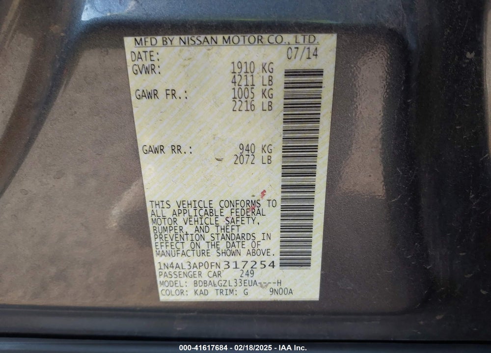 2015 NISSAN ALTIMA VIN: 1N4AL3AP0FN317254