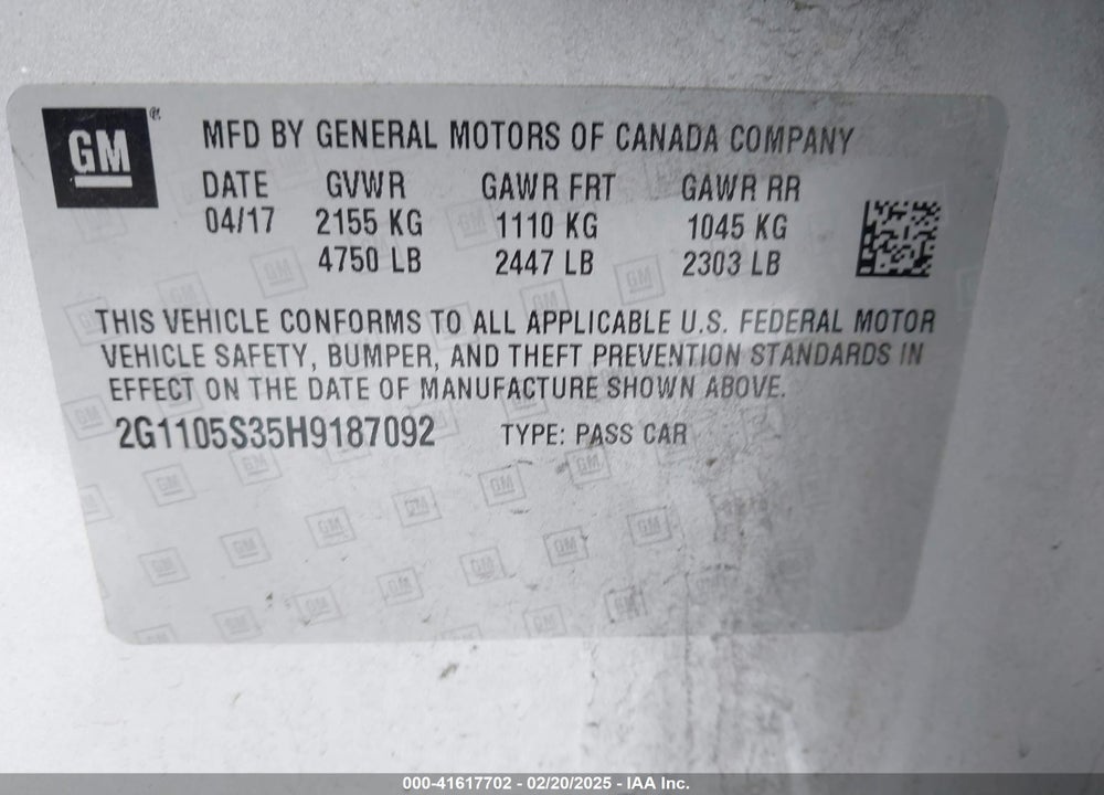 2017 CHEVROLET IMPALA VIN: 2G1105S35H9187092