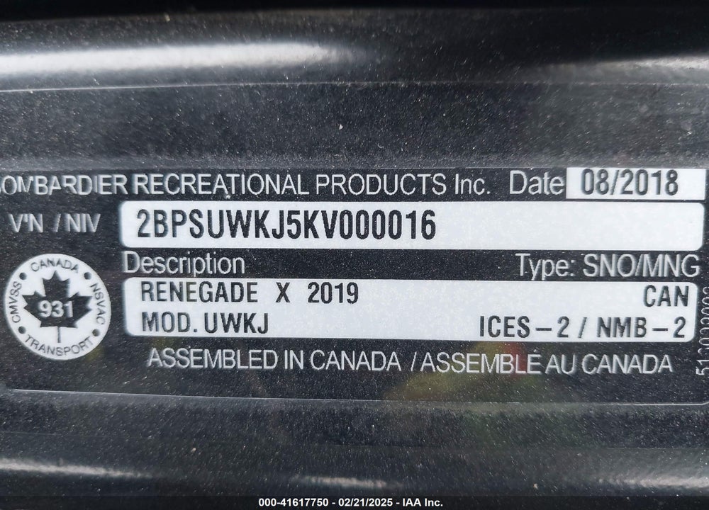 2019 SKI DOO RENEGADE ANDRENALINE VIN: 2BPSUWKJ5KV000016