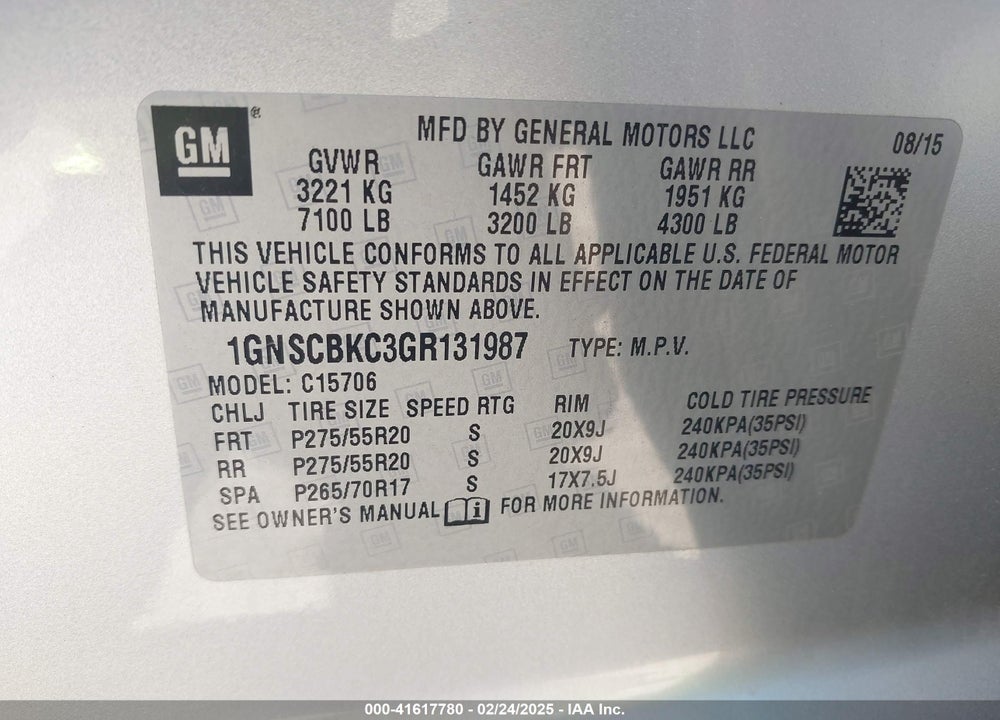 2016 CHEVROLET TAHOE VIN: 1GNSCBKC3GR131987