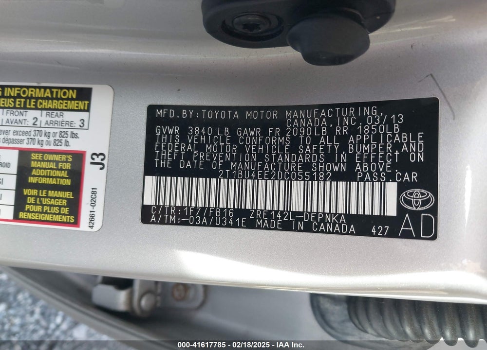 2013 TOYOTA COROLLA VIN: 2T1BU4EE2DC055182