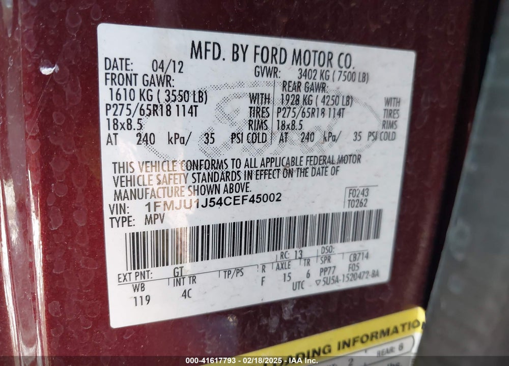 2012 FORD EXPEDITION XLT VIN: 1FMJU1J54CEF45002