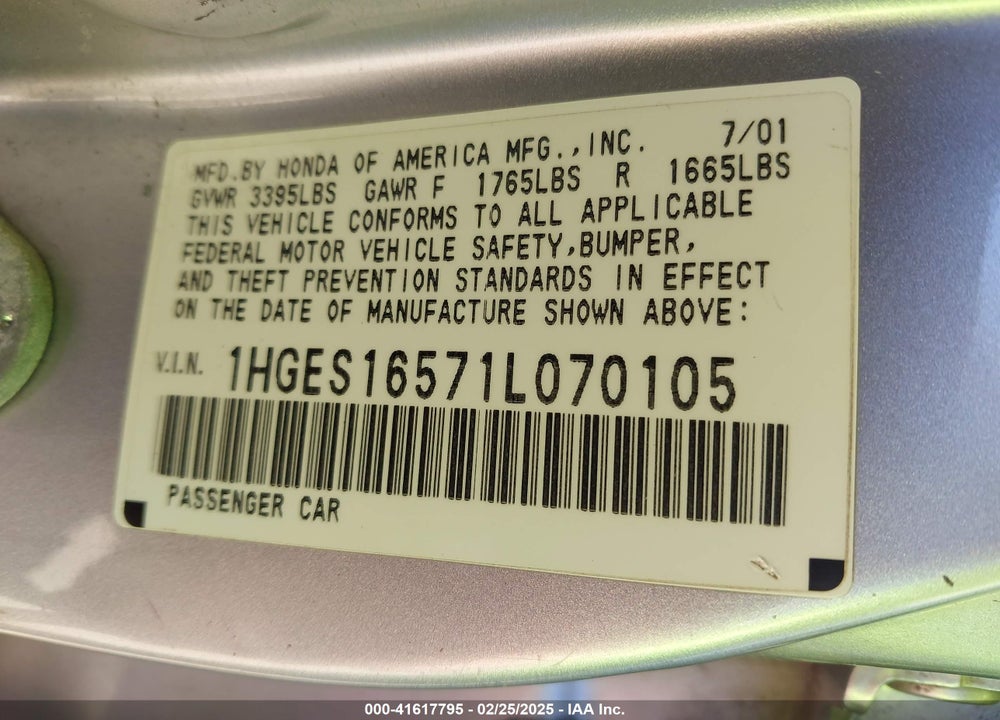 2001 HONDA CIVIC VIN: 1HGES16571L070105