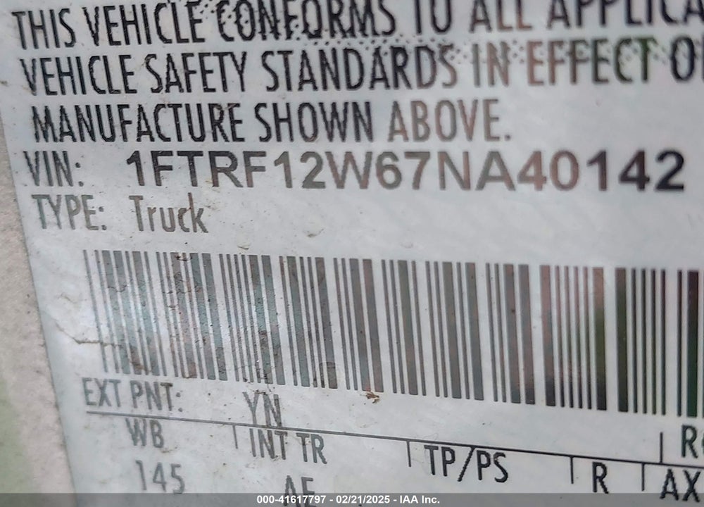 2007 FORD F-150 STX/XL/XLT VIN: 1FTRF12W67NA40142