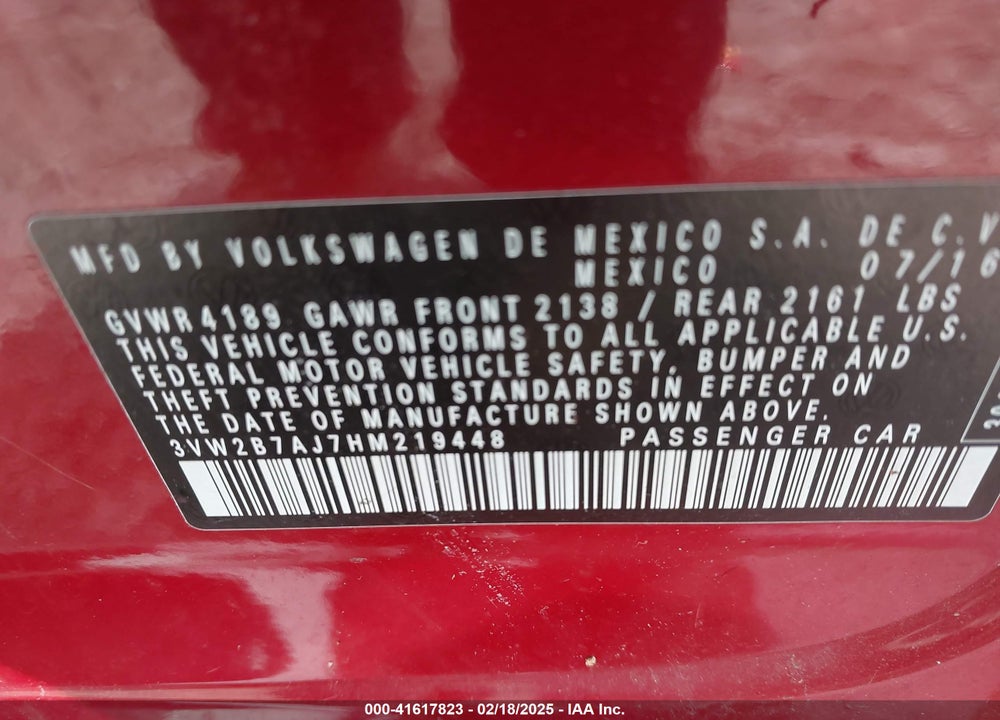 2017 VOLKSWAGEN JETTA VIN: 3VW2B7AJ7HM219448