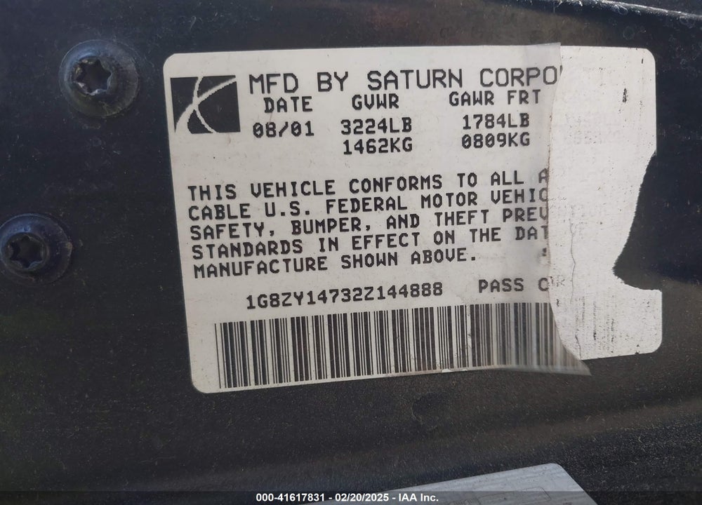 2002 SATURN S-SERIES VIN: 1G8ZY14732Z144888