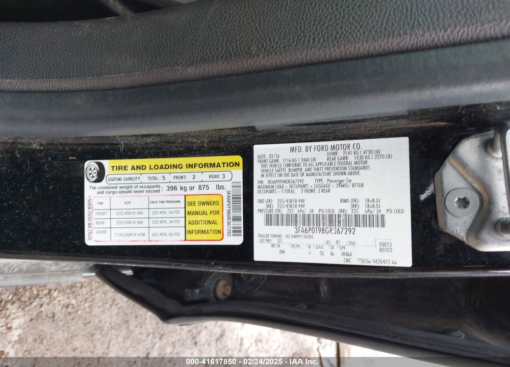 2016 FORD FUSION VIN: 3FA6P0T98GR367292