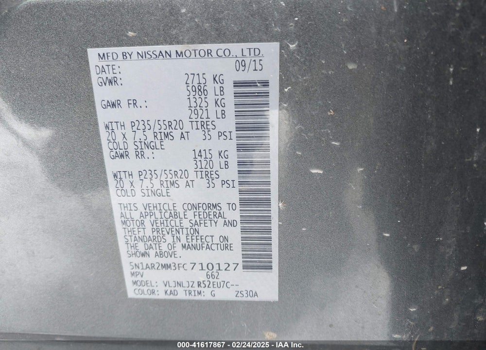 2015 NISSAN PATHFINDER PLATINUM VIN: 5N1AR2MM3FC710127