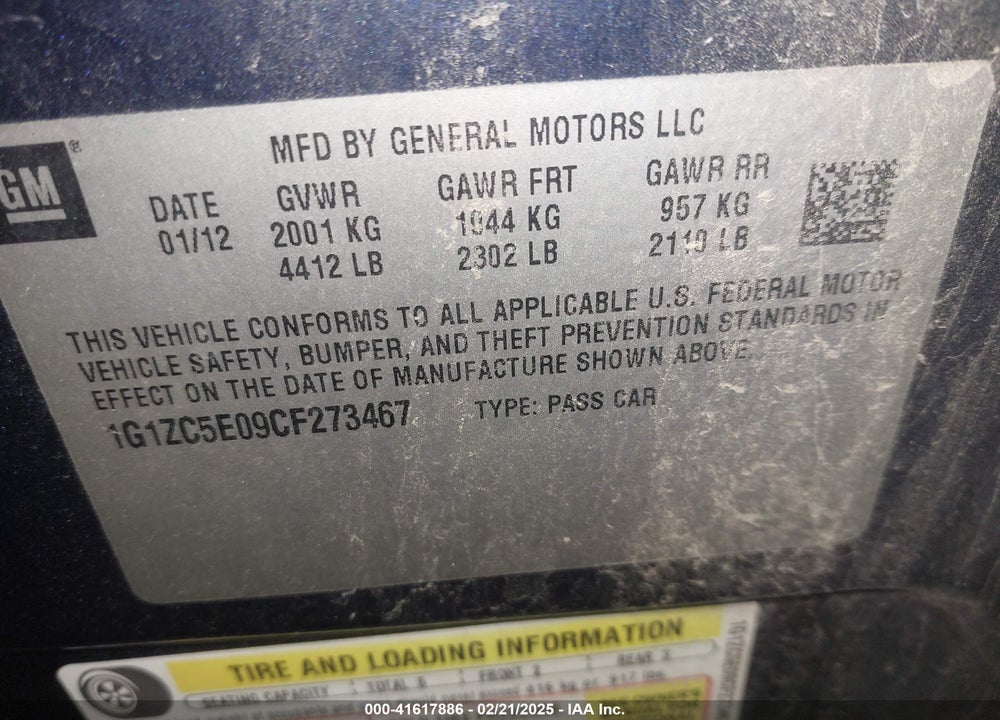 2012 CHEVROLET MALIBU 1LT VIN: 1G1ZC5E09CF273467