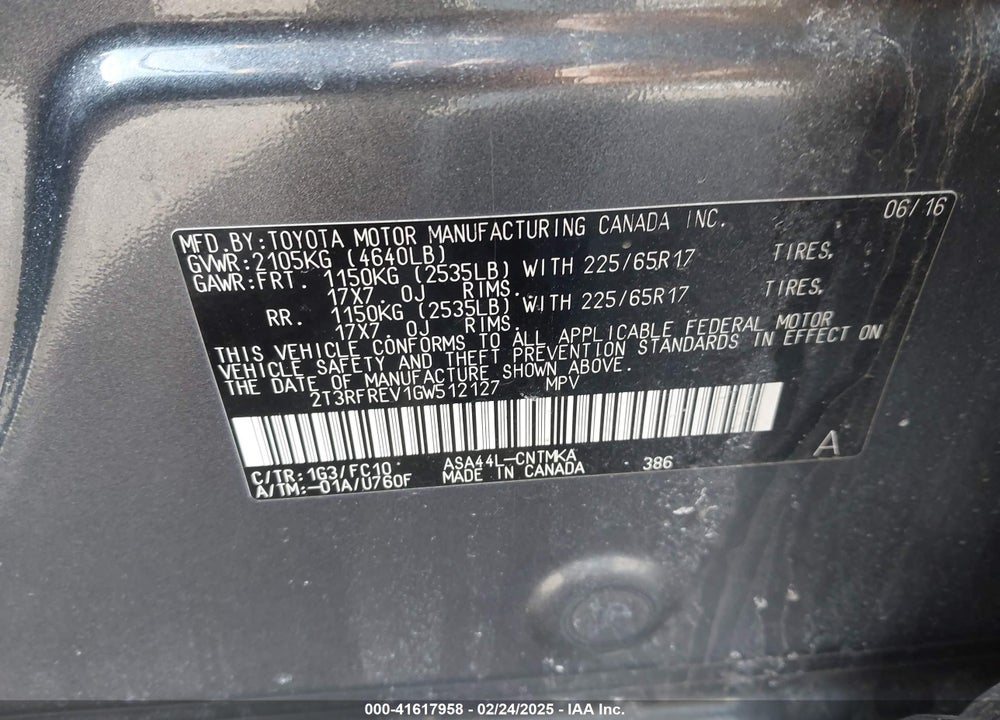 2016 TOYOTA RAV4 XLE VIN: 2T3RFREV1GW512127