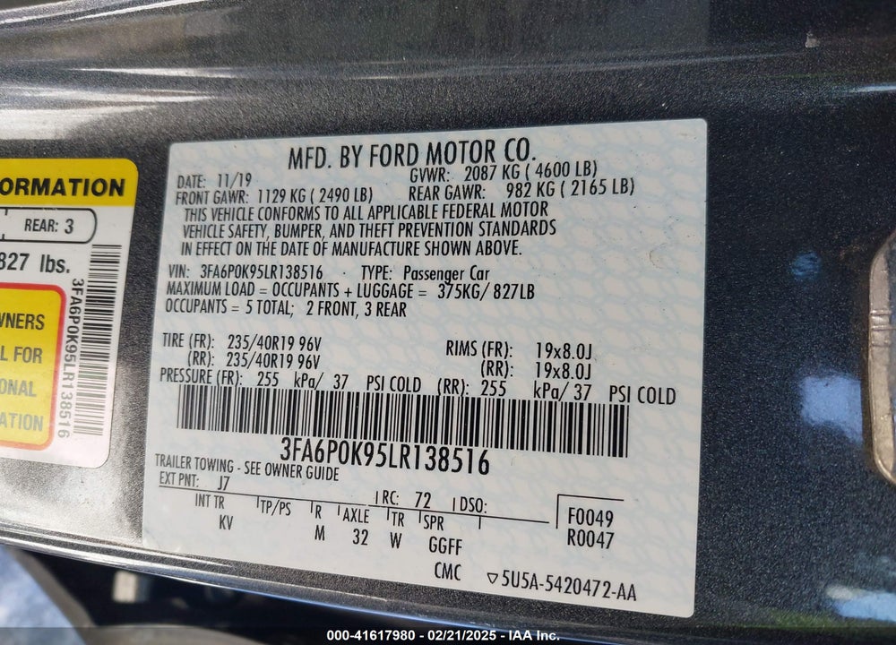 2020 FORD FUSION VIN: 3FA6P0K95LR138516