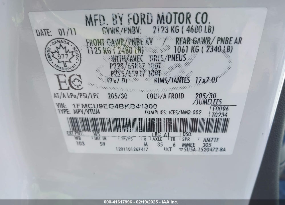 2011 FORD ESCAPE LIMITED VIN: 1FMCU9EG4BKB41300