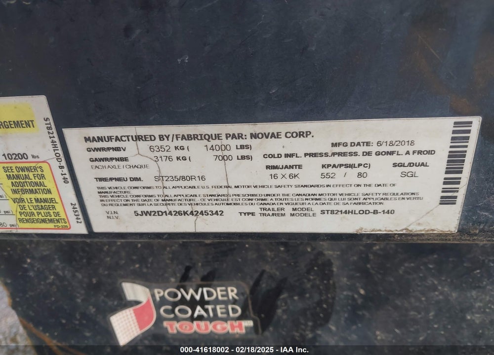 2019 SURE-TRAC DUMP TRAILER VIN: 5JW2D1426K4245342