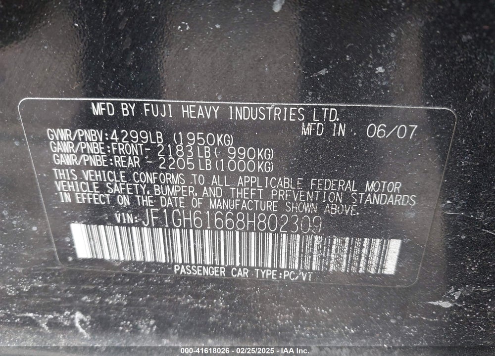 2008 SUBARU IMPREZA VIN: JF1GH61668H802309