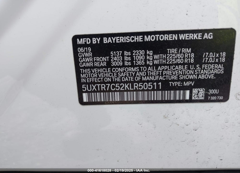 2019 BMW X3 VIN: 5UXTR7C52KLR50511