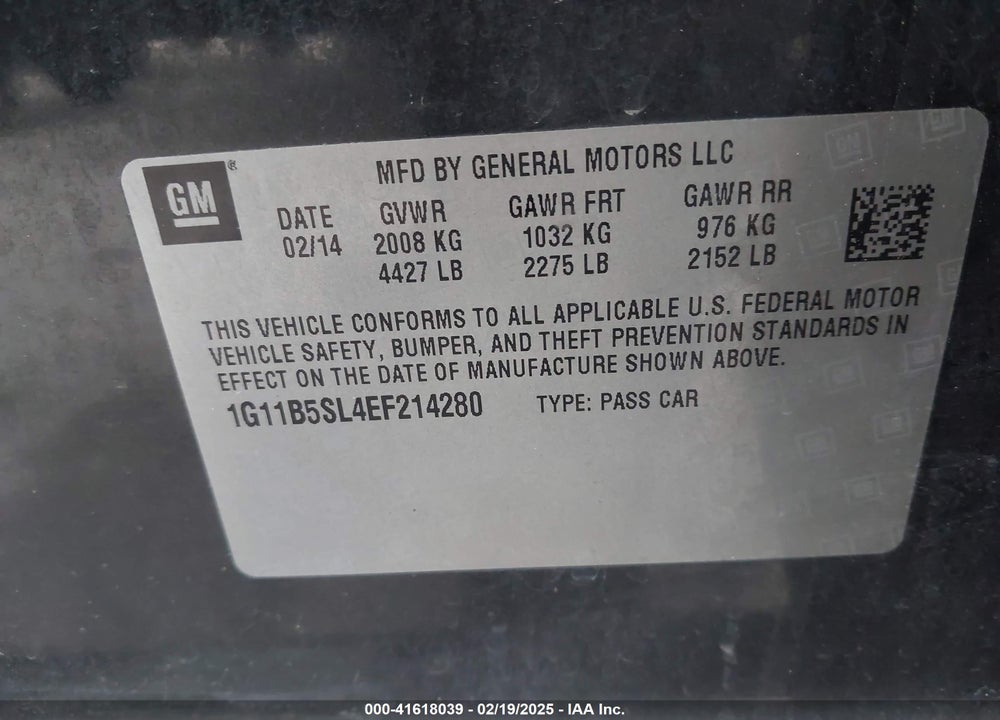 2014 CHEVROLET MALIBU 1LS VIN: 1G11B5SL4EF214280