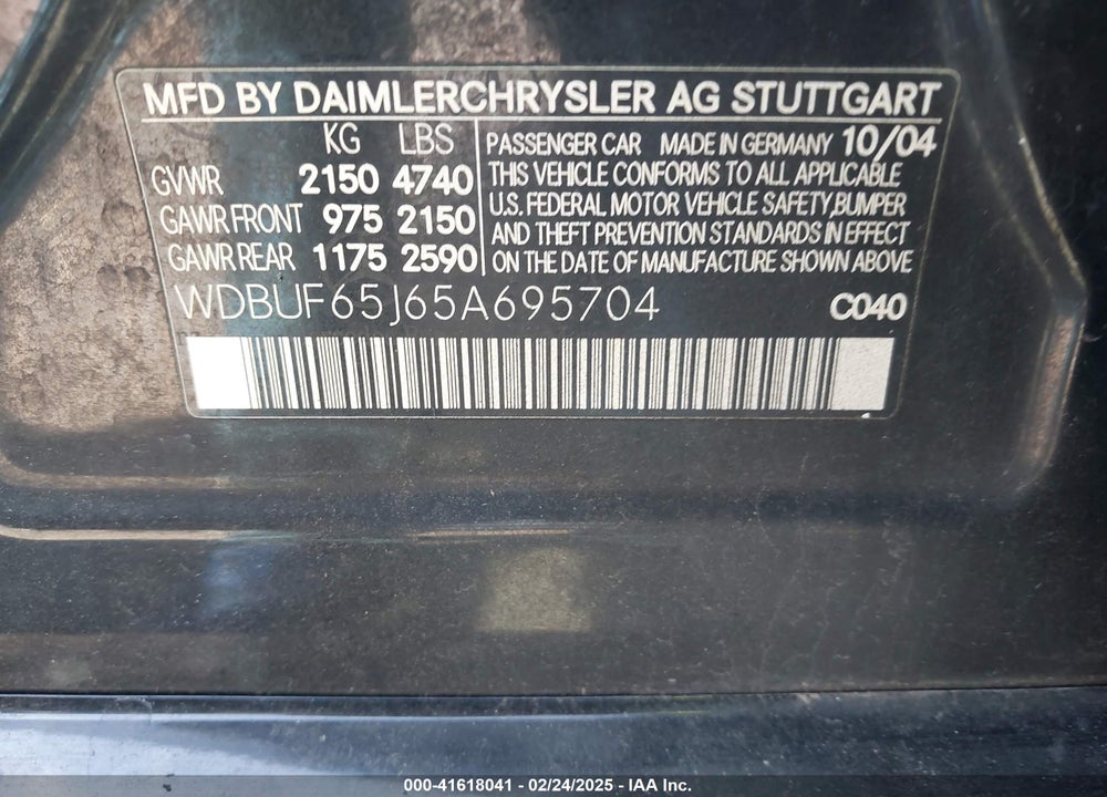 2005 MERCEDES-BENZ E 320 VIN: WDBUF65J65A695704