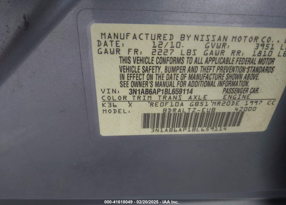 2011 NISSAN SENTRA 2.0S VIN: 3N1AB6AP1BL659114
