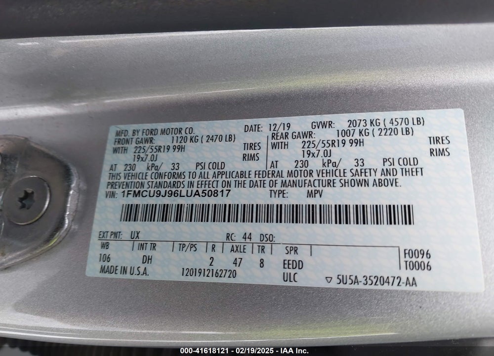 2020 FORD ESCAPE TITANIUM VIN: 1FMCU9J96LUA50817