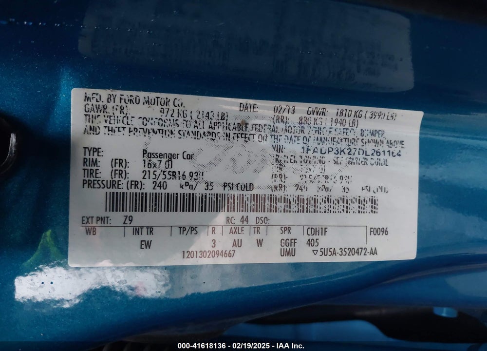 2013 FORD FOCUS VIN: 1FADP3K27DL261164