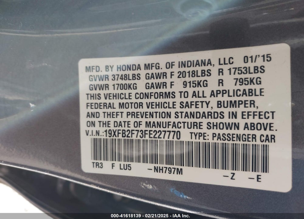 2015 HONDA CIVIC VIN: 19XFB2F73FE227770