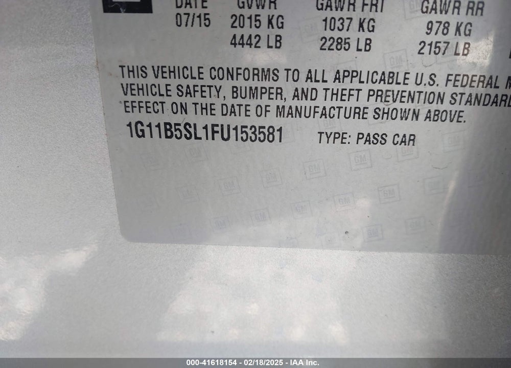 2015 CHEVROLET MALIBU VIN: 1G11B5SL1FU153581