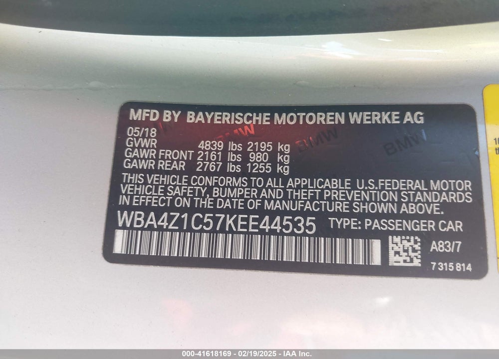 2019 BMW 430I VIN: WBA4Z1C57KEE44535