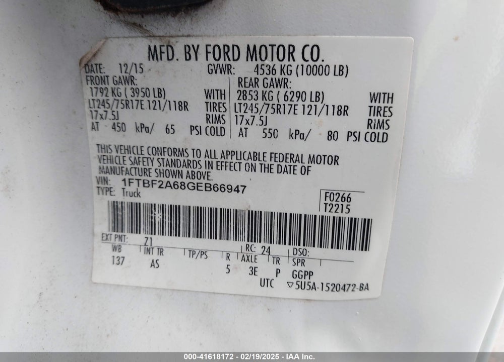 2016 FORD F250 VIN: 1FTBF2A68GEB66947