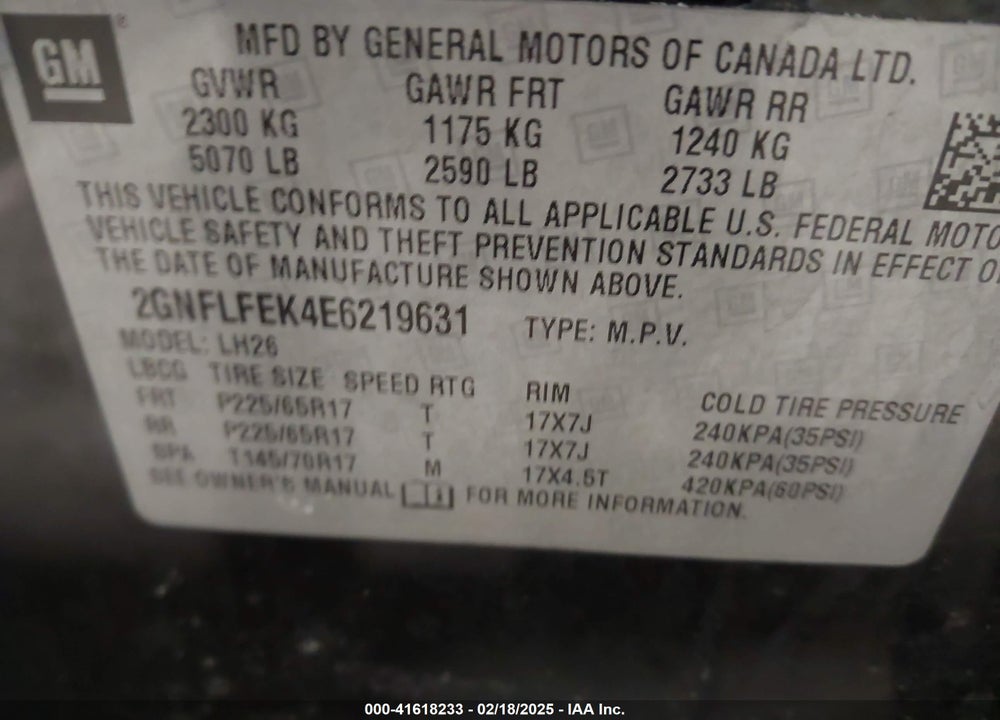 2014 CHEVROLET EQUINOX 1LT VIN: 2GNFLFEK4E6219631